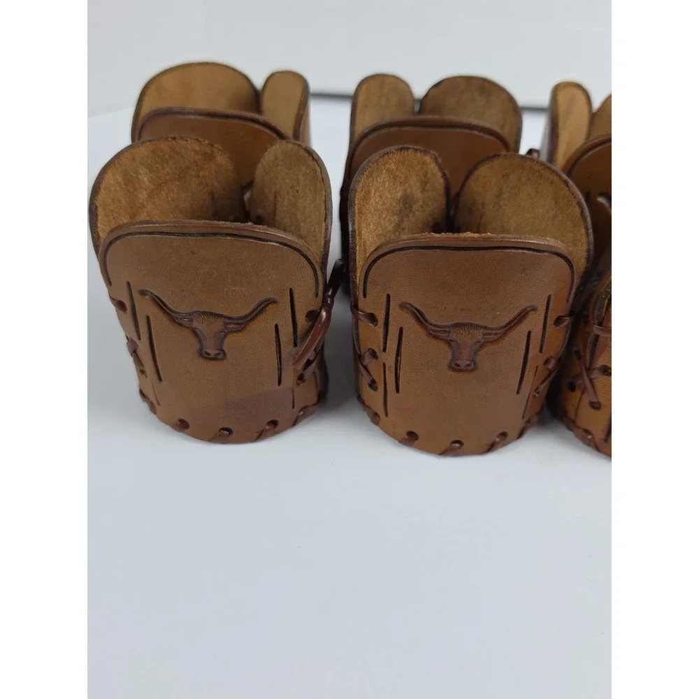 Vintage Hand Tooled Western Longhorn Leather Cozies Glass Holders Set of 8